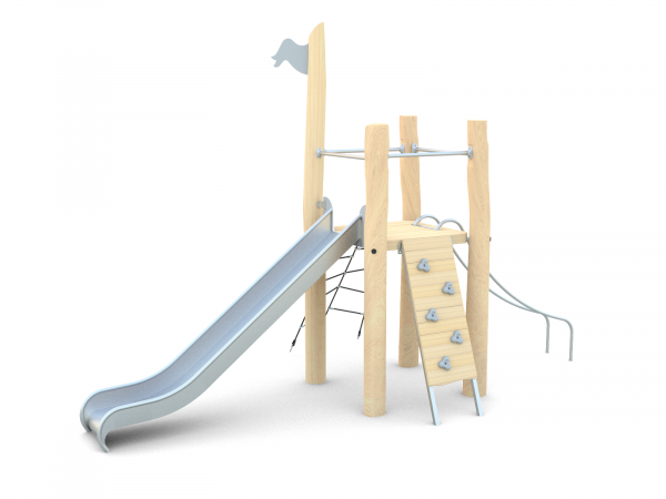 Klättertorn i robinia med nät och rutsch för lekplatsen eller skolgården
